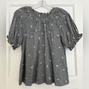 Embroidered Gingham Shirred Puff-Sleeve Top - Small